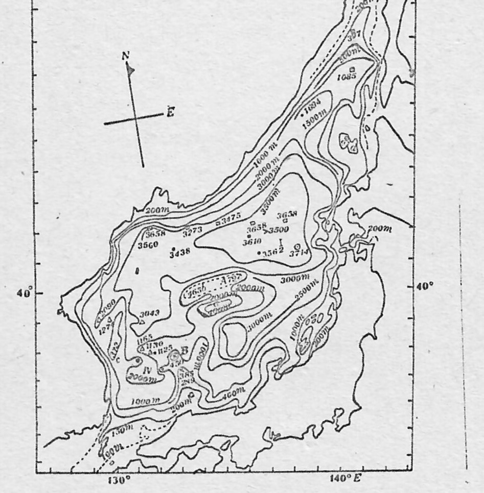 Рис. 2. Измерения глубин 1932 года. Советские — отмечены прямоугольниками (Uda. 1934).