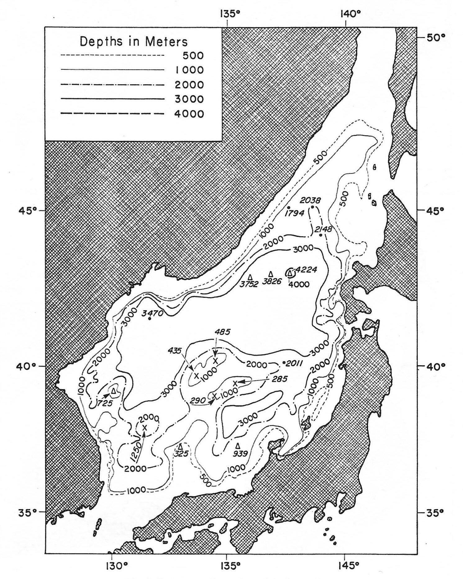 Рис. 5. Глубины Японского моря в Океанографической энциклопедии (Hidaka, 1966).
