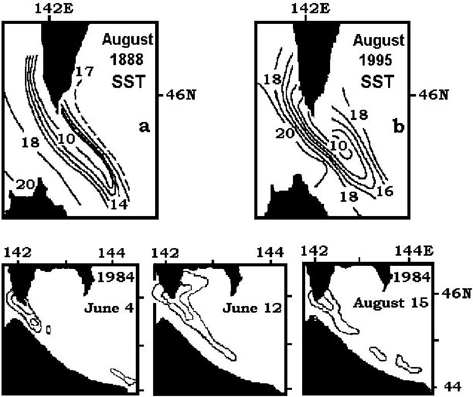 Fig. 2. Surface temperature in summer of 1888 (Makarov,1894)-up(a), in summer 1995 (Tanaka et al., 1996)-up(b) and in summer 1984 (Aota et al., 1985)-down.