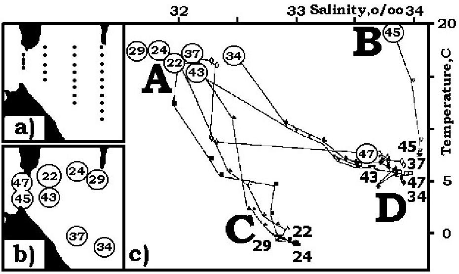 Fig. 4. Position of standard oceanographic stations in LaPerouse Strait (a); and T(S)-curves (c) of some stations (b) in September 1991.