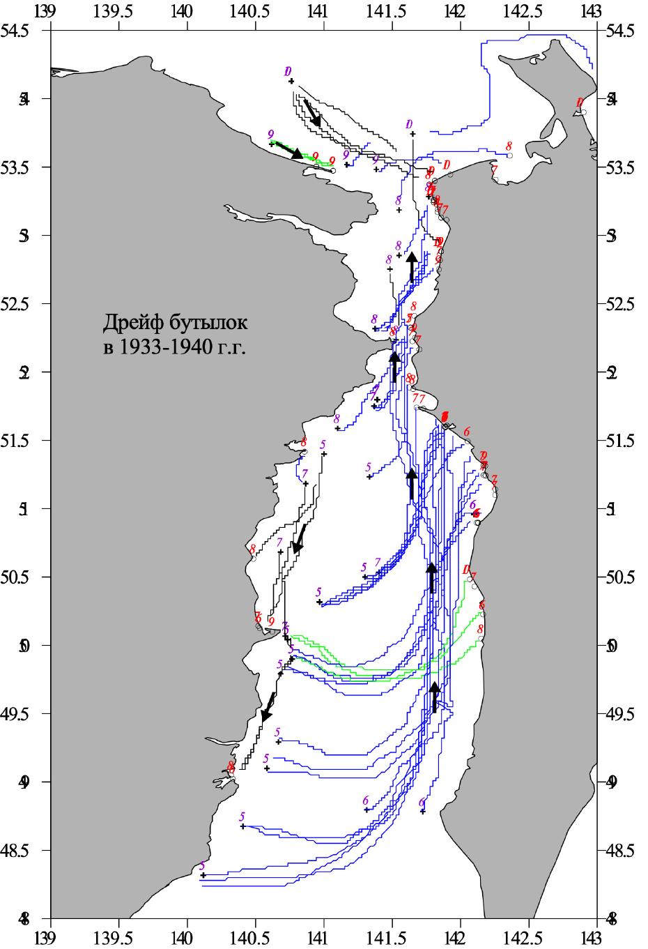 Nevelskogo strait. Drift of bottles