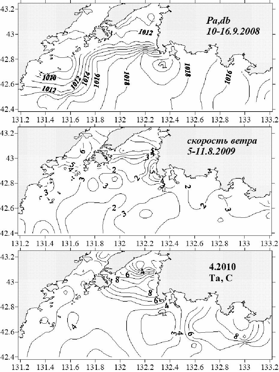 Типичные поля атмосферного давления (вверху), скорости ветра (посредине) и температура воздуха (внизу) над заливом Петра Великого