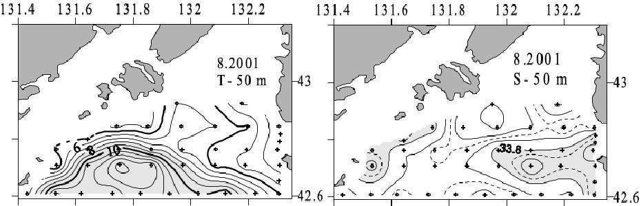 Температура и солёность вод ЗПВ на горизонте 50 м в августе 2001 г.
