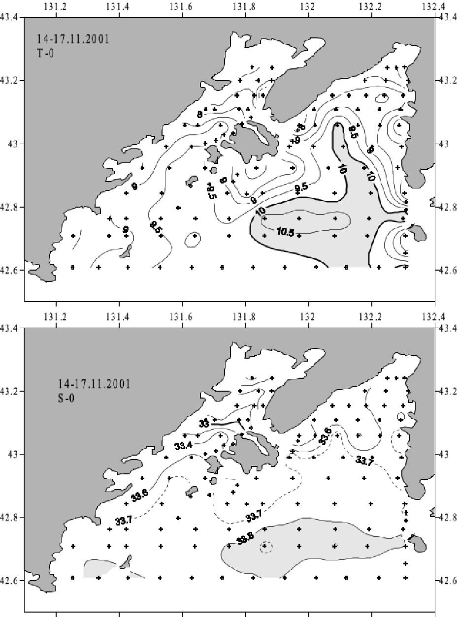 Распределение поверхностных температуры и солёности осенью 2001 г.