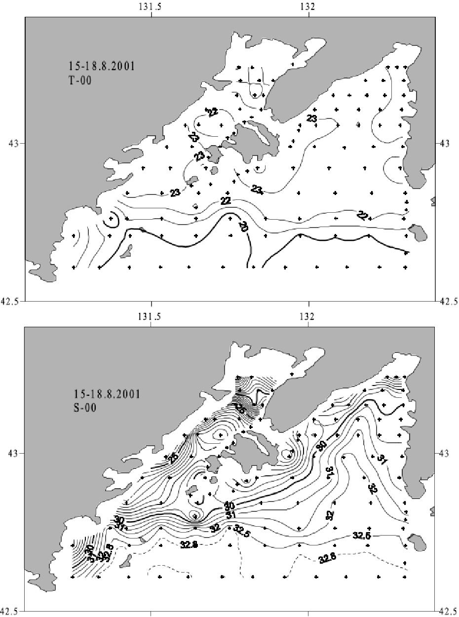 Поверхностные температура и солёность ЗПВ в августе 2001 г.