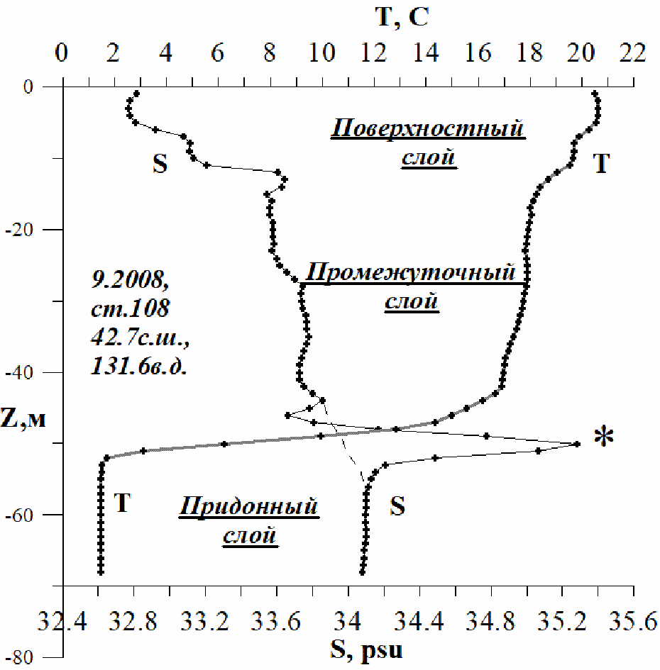 T(z) и S(z)-кривые в западной части залива.