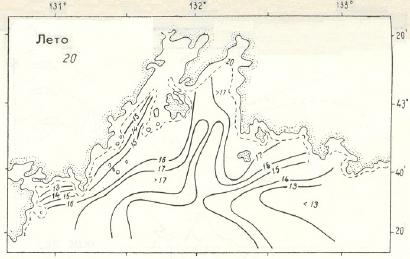 Рис. 22. Особенности горизонтального распределения температуры воды (Супранович, Якунин, 1976).
