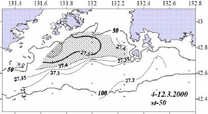 Рис. 24. Языки вод повышенной плотности в марте 2000 г. (50 м, слева) и апреле 2010 г (0 м, справа).