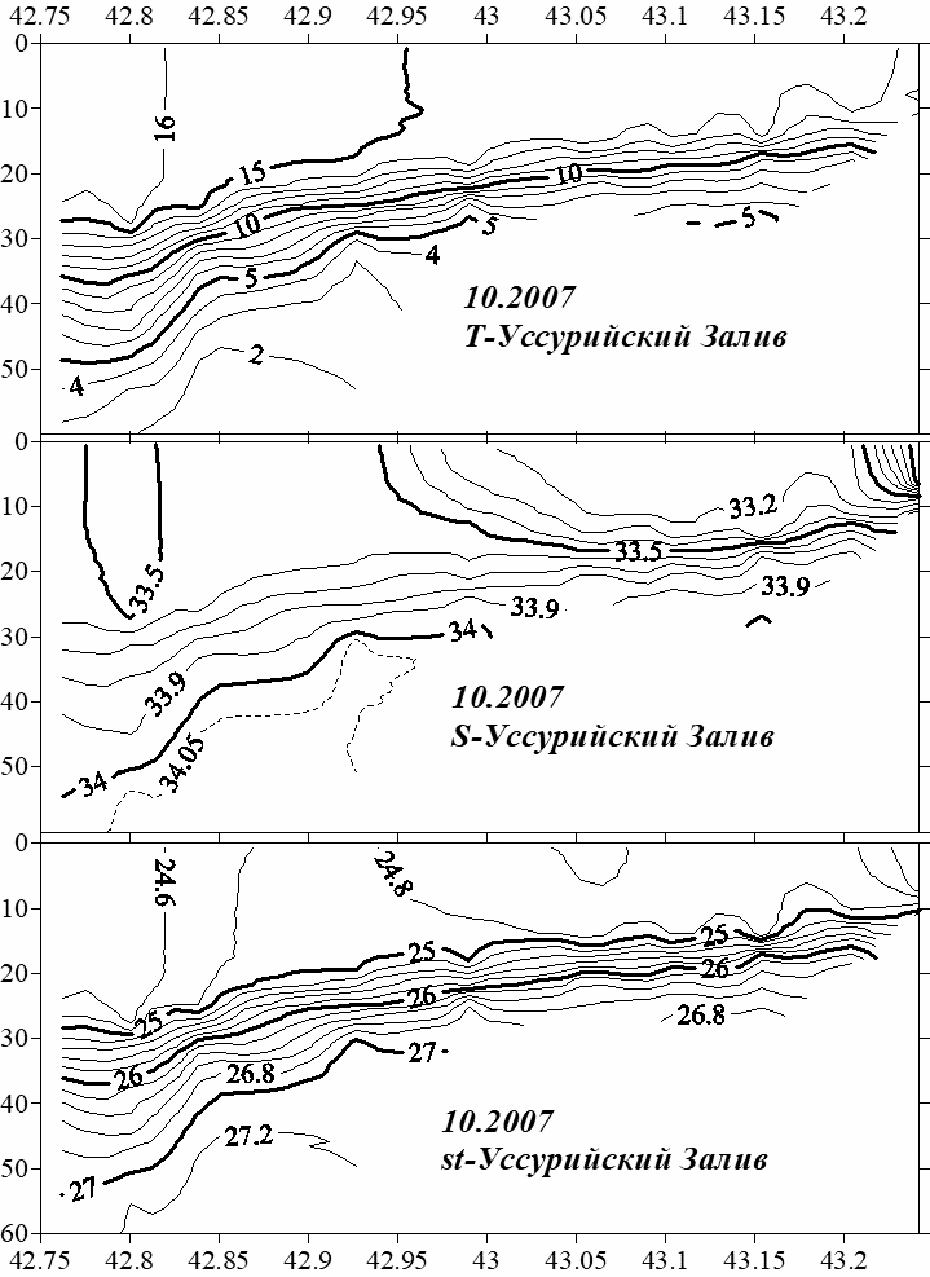 Рис. 18. Параметры воды на разрезе через Уссурийский залив (октябрь).